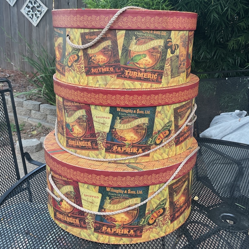 VINTAGE HAT BOXES WITH JUNGLE THEME EXCELLENT CONDITION $40 FOR ALL 3 OBO